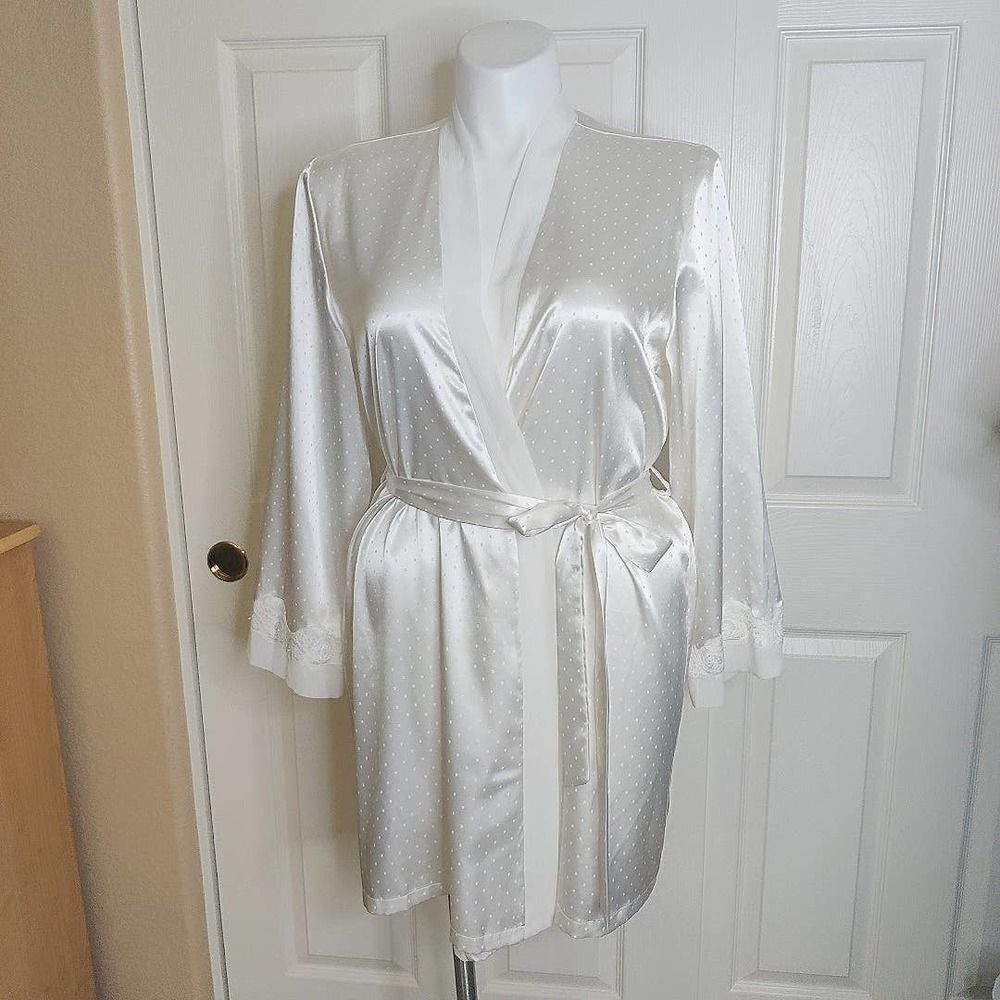Linea Donatella satin polka dot ivory lace belted robe L/XL